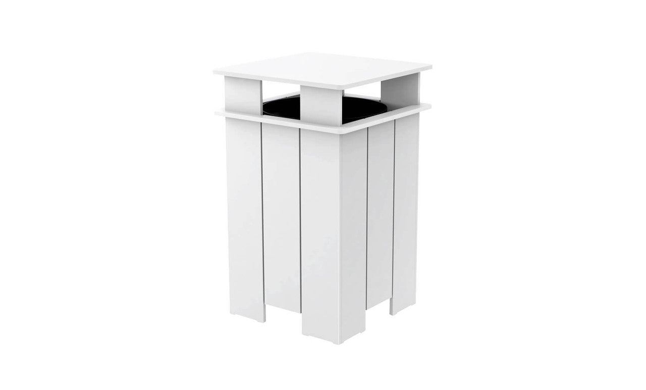 Mainstay gray plastic trash bin with lid closed and four wheels.