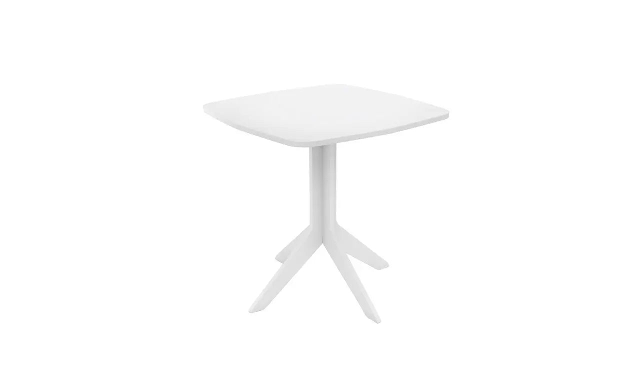 Mainstay square bistro table with a brown finish and four legs.