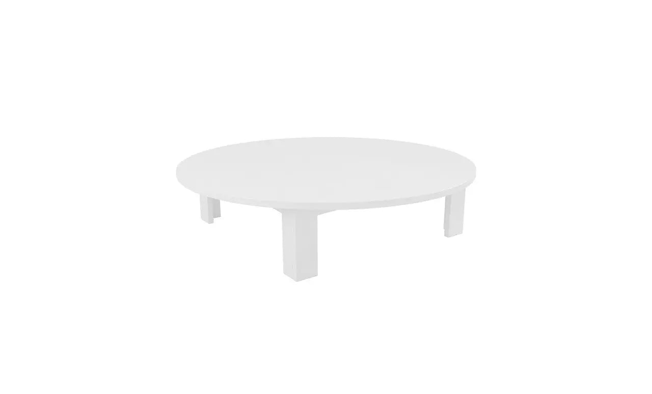 Mainstay round coffee table with a dark brown wooden top and metal legs.