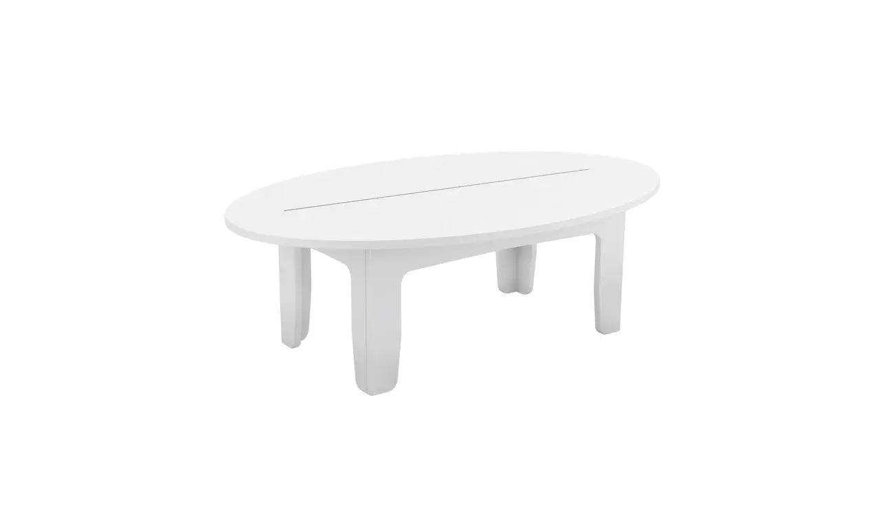 Mainstay oval coffee table with a dark walnut finish and glass top.