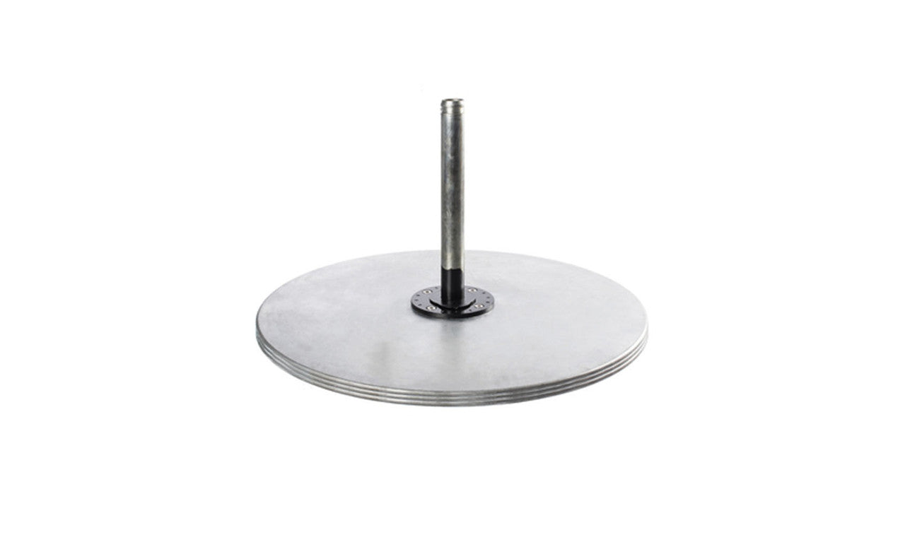 Galvanized steel plate stack cantilever base with polished edges and clean lines.