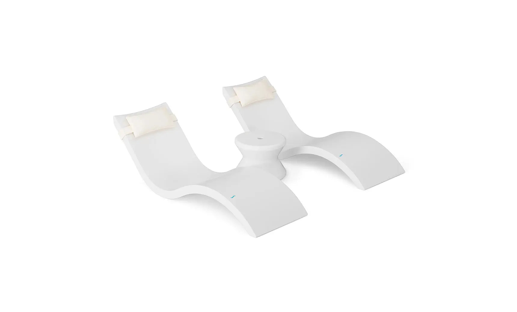 Signature chaise headrest pillow paired with a side table for in-pool use, both in a modern design.
