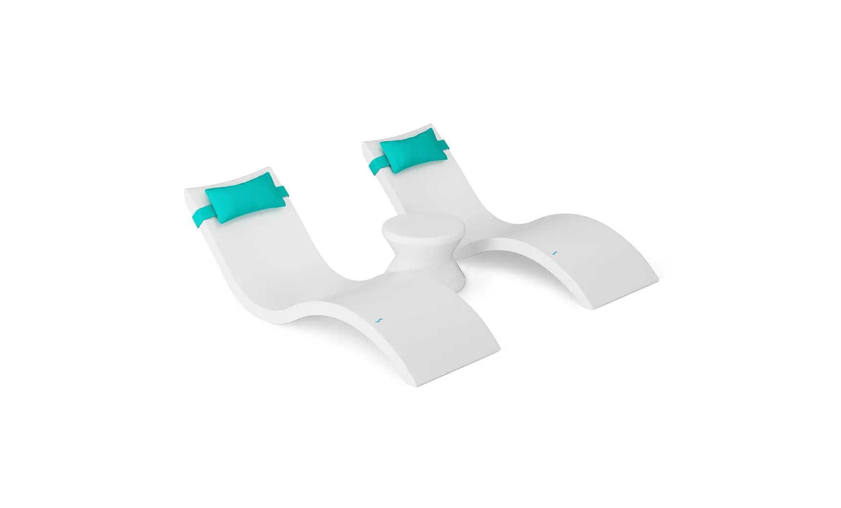 Signature chaise headrest pillow paired with a side table for in-pool use, both in a modern design.