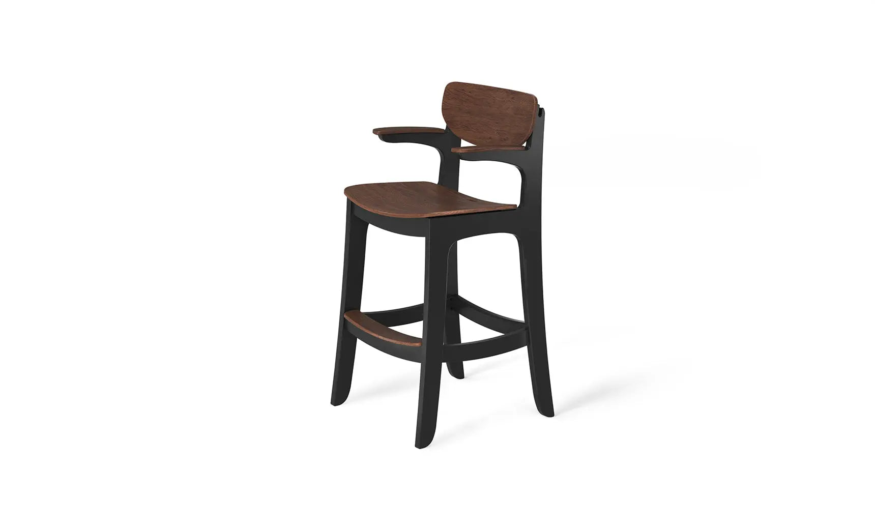 Haven high-top chair in modern white leather with wooden legs and backrest.
