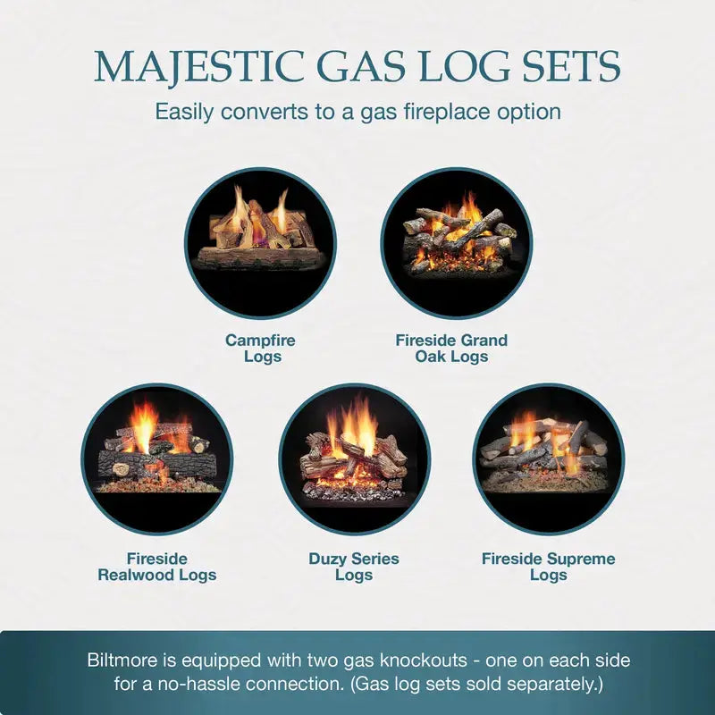 Majestic Biltmore 42" radiant wood burning fireplace with glass doors and iron detailing