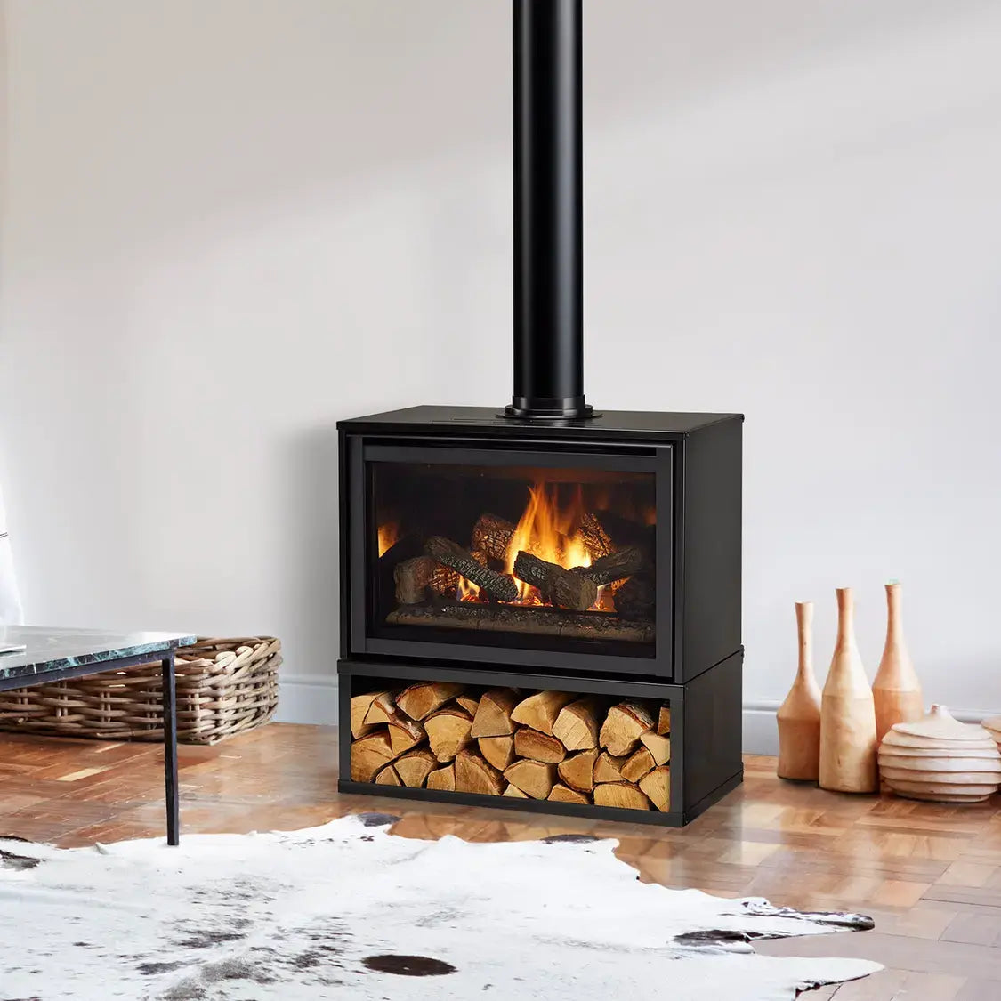 Majestic Trilliant Freestanding 30" direct vent gas fireplace with touchscreen remote control panel.