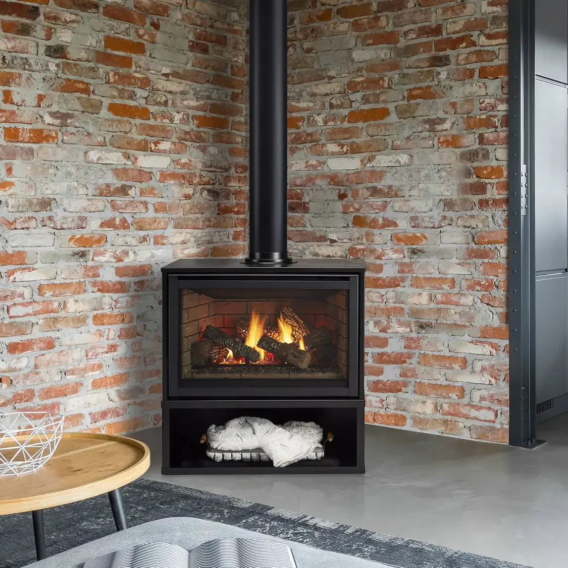 Majestic Trilliant Freestanding 30" direct vent gas fireplace with touchscreen remote control panel.