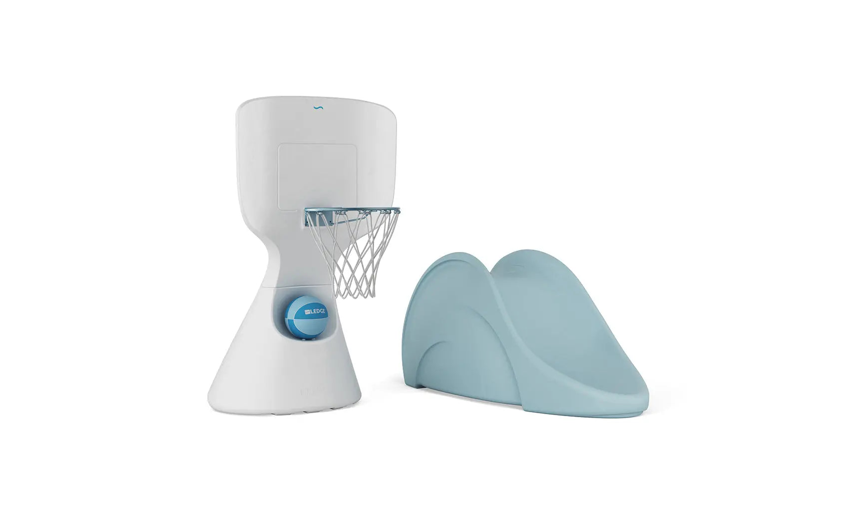 Hoopstr and Signature slide in-pool games set featuring a hoop and signature game pieces floating on blue water.