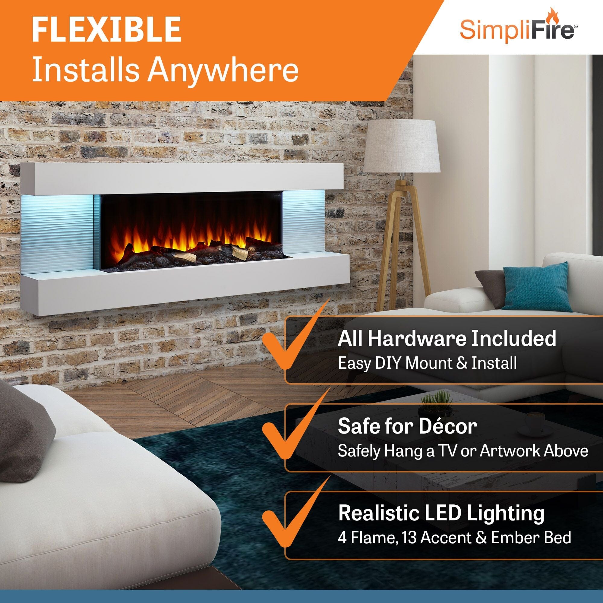 SimpliFire Format Floating Mantel Wall Mount Electric Fireplace