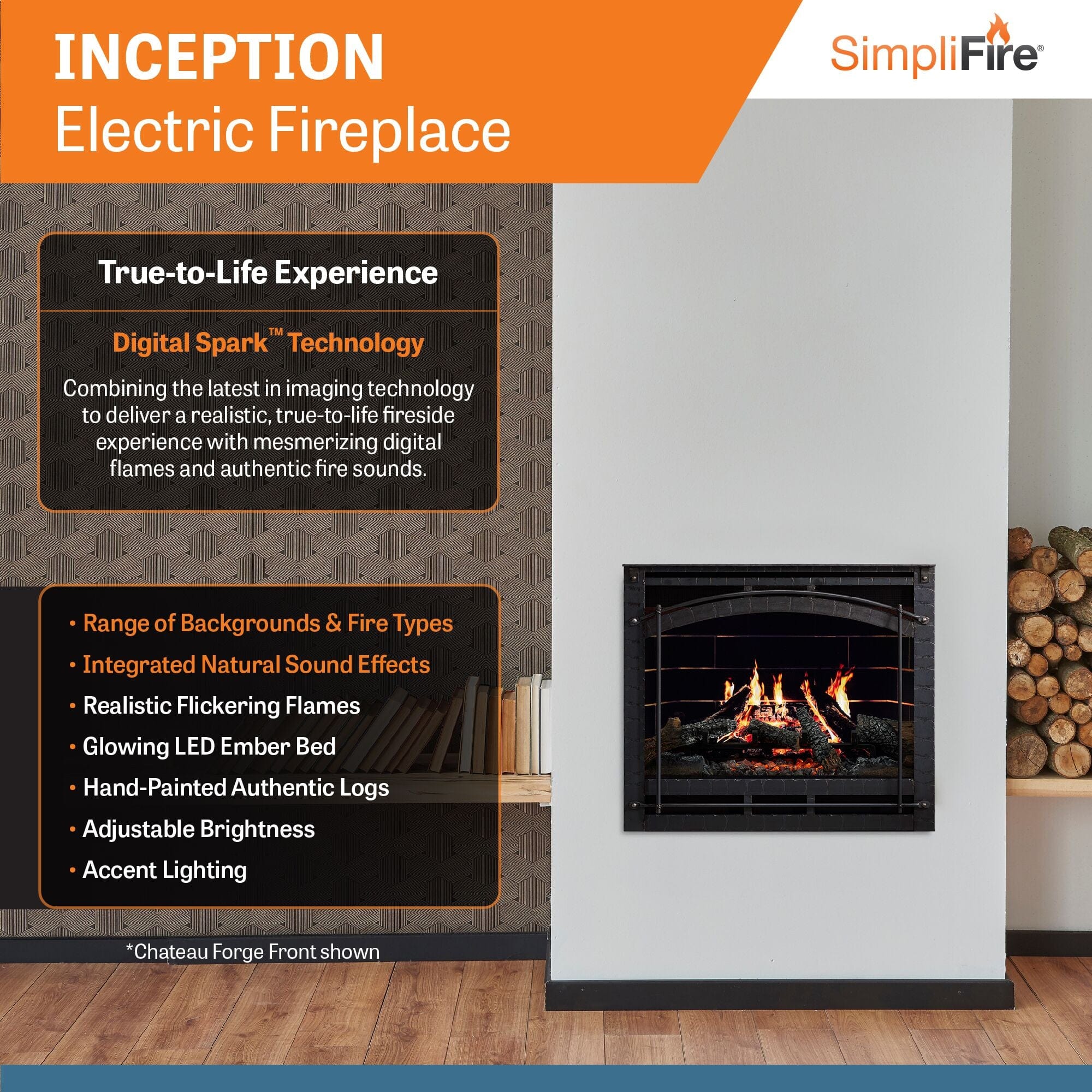 SimpliFire Inception 36-in Electric Fireplace with Chateau Forge Decorative Front