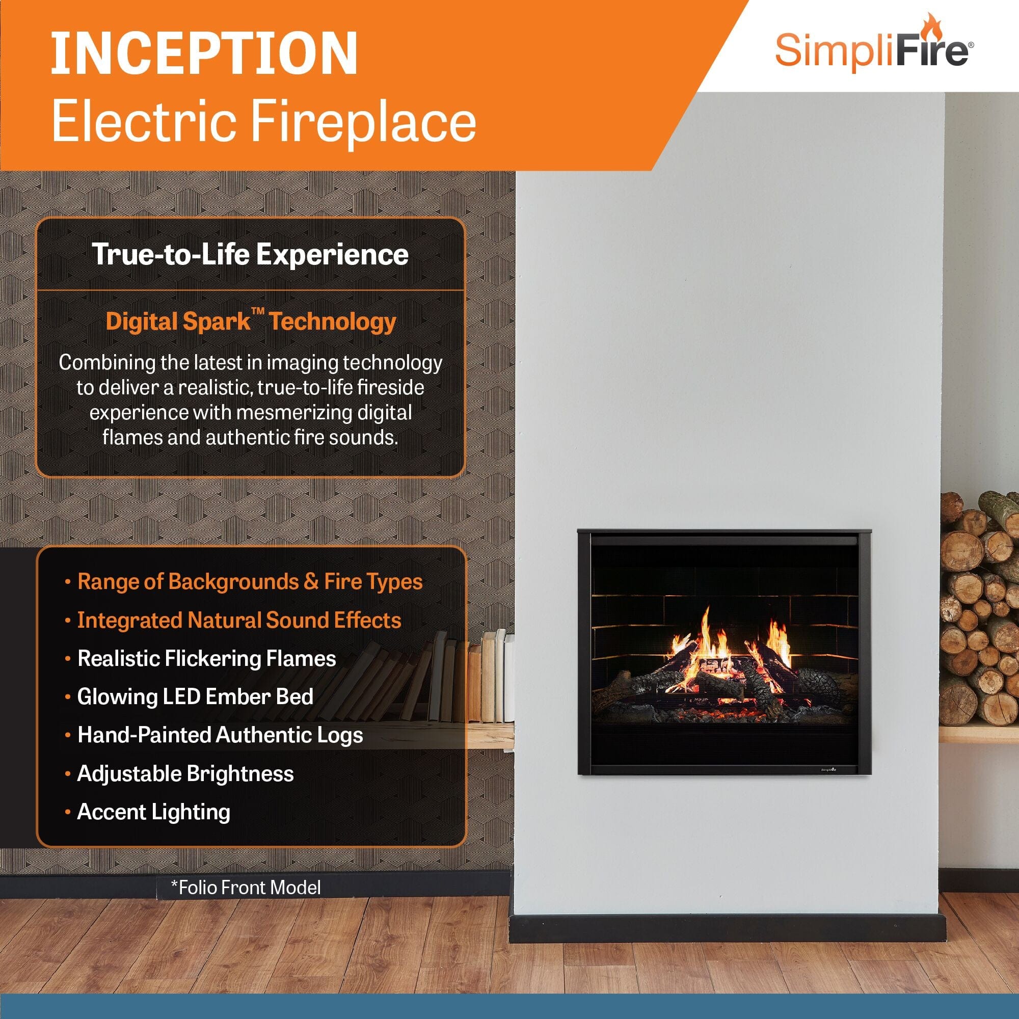 SimpliFire Inception 36" Electric Fireplace with Folio Decorative Front