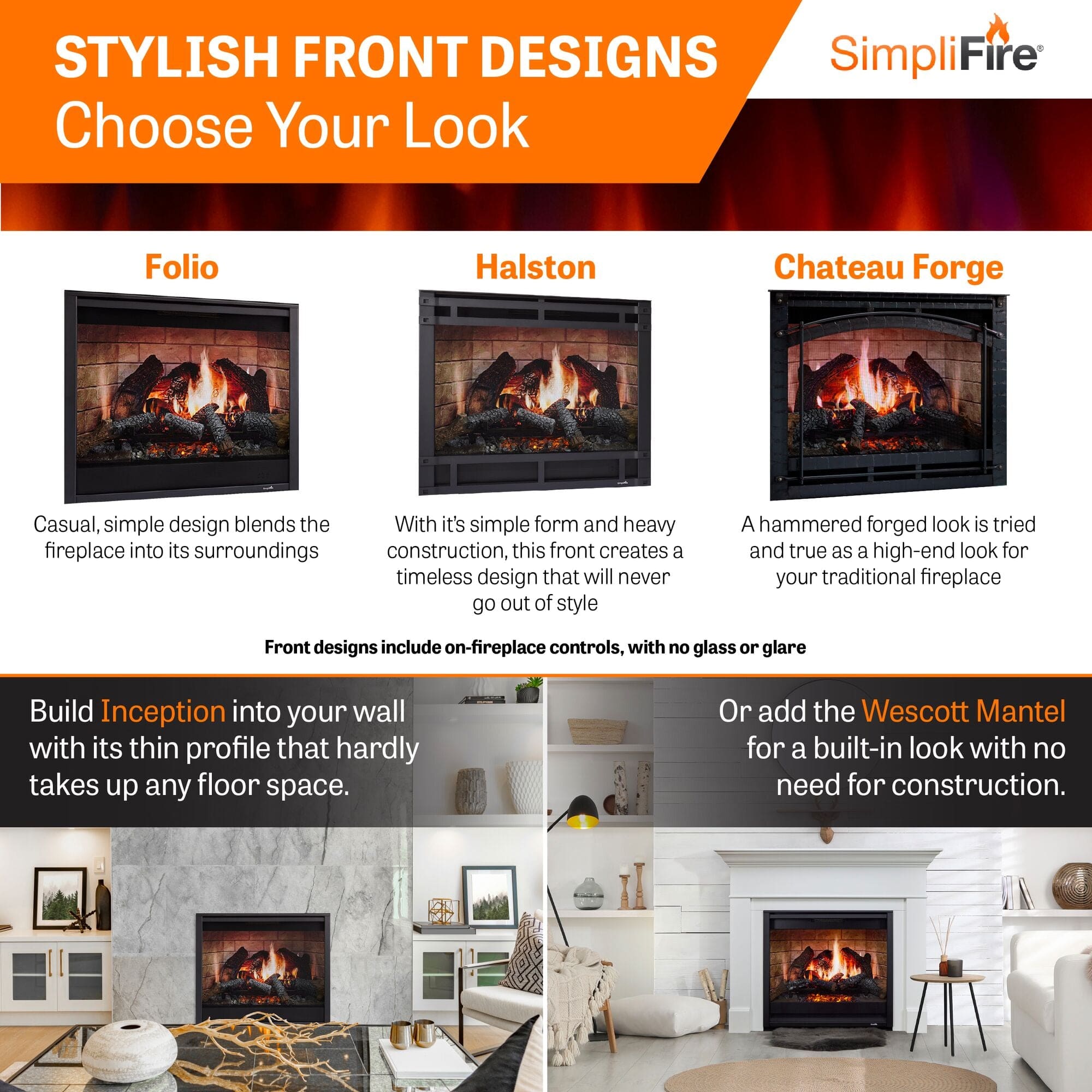 SimpliFire Inception 36-in Electric Fireplace with Chateau Forge Decorative Front
