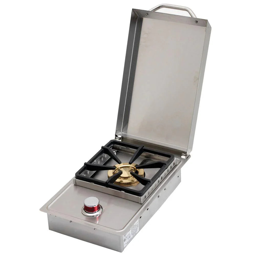 Cal Flame Single Side Burner in stainless steel with flame lit on top