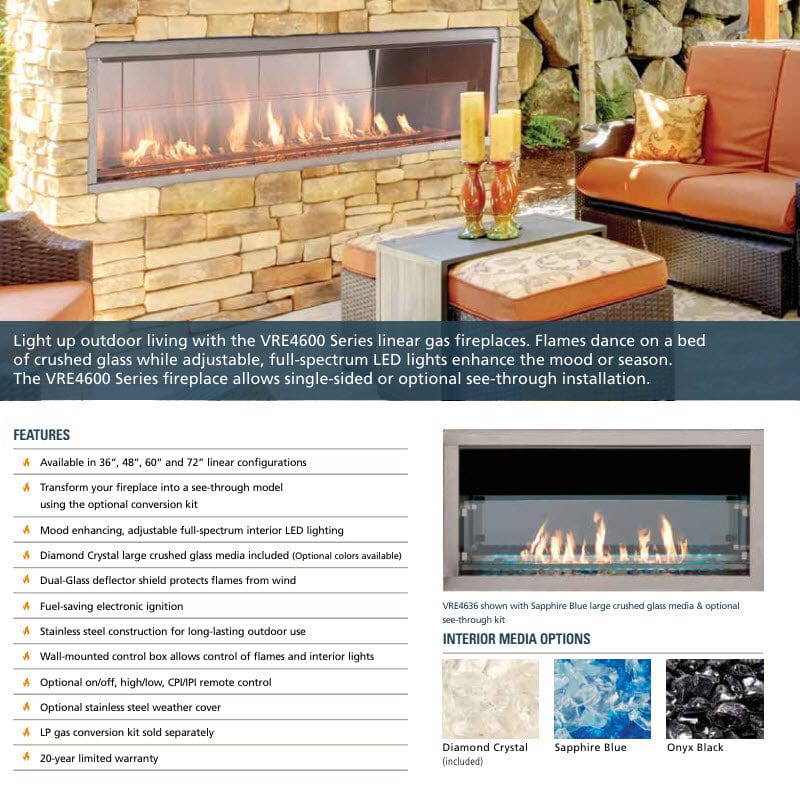 Superior 36-Inch VRE4636 Outdoor Linear Vent-Free Gas Fireplace with LED Lights and Crystal Crushed Glass Media