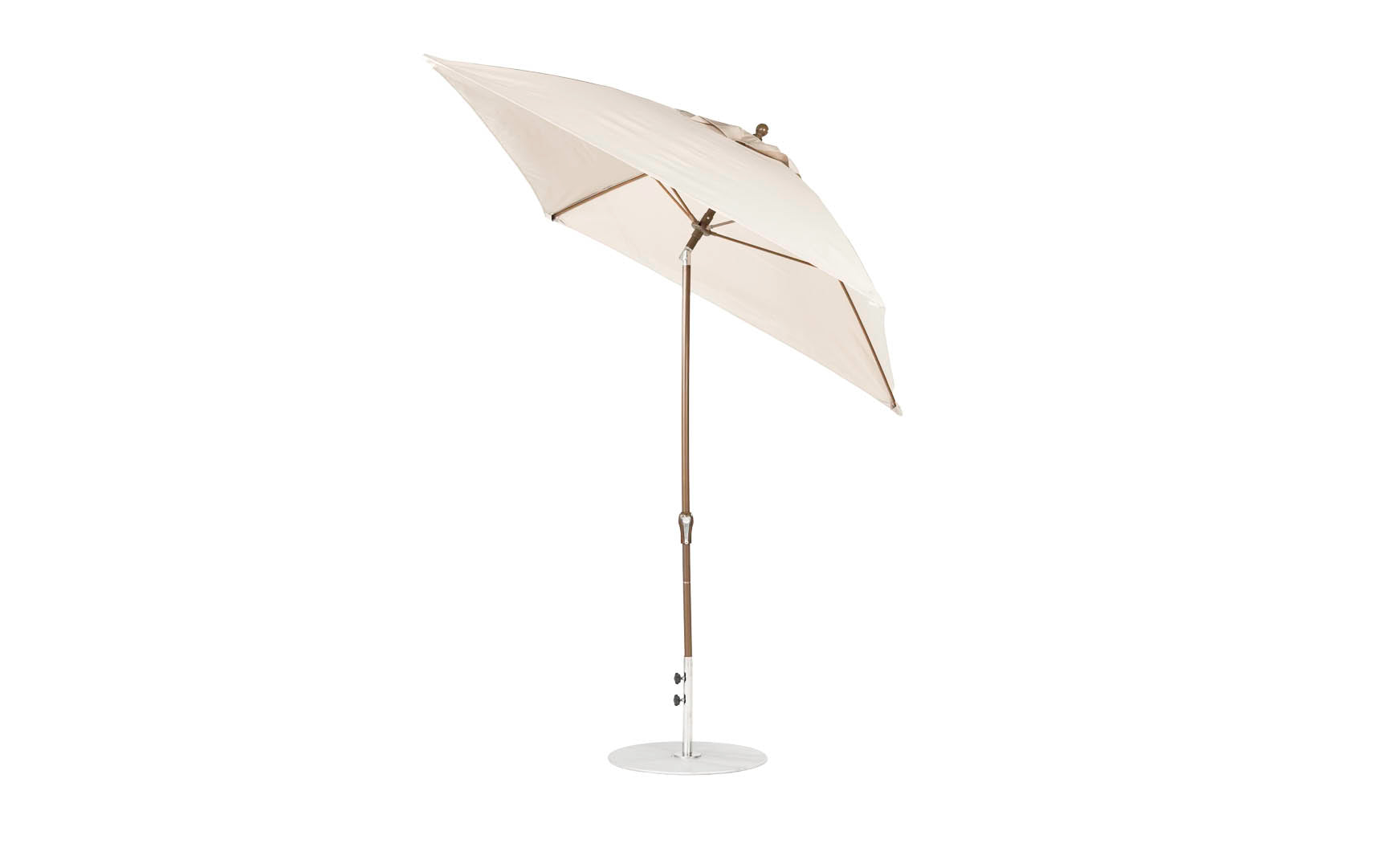 7.5-foot octagonal crank auto tilt essential fiberglass umbrella in white with wooden ribs and black base