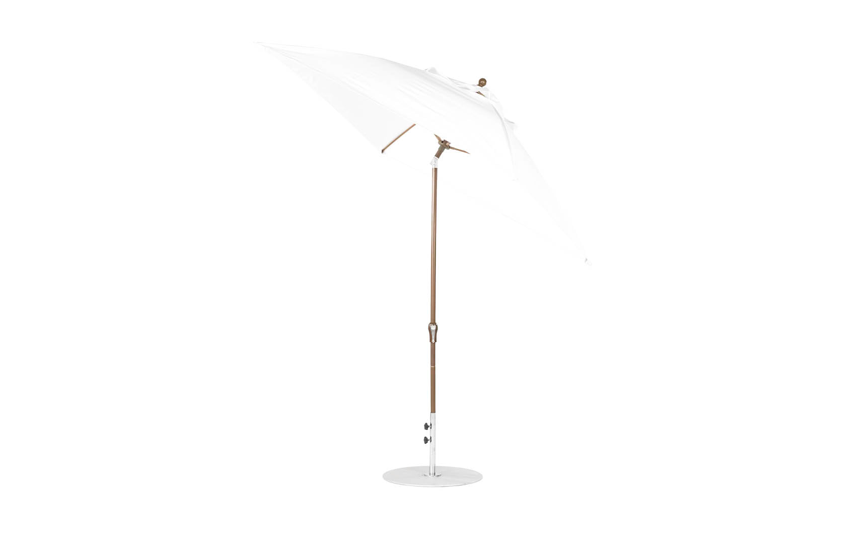 7.5-foot octagonal crank auto tilt essential fiberglass umbrella in white with wooden ribs and black base