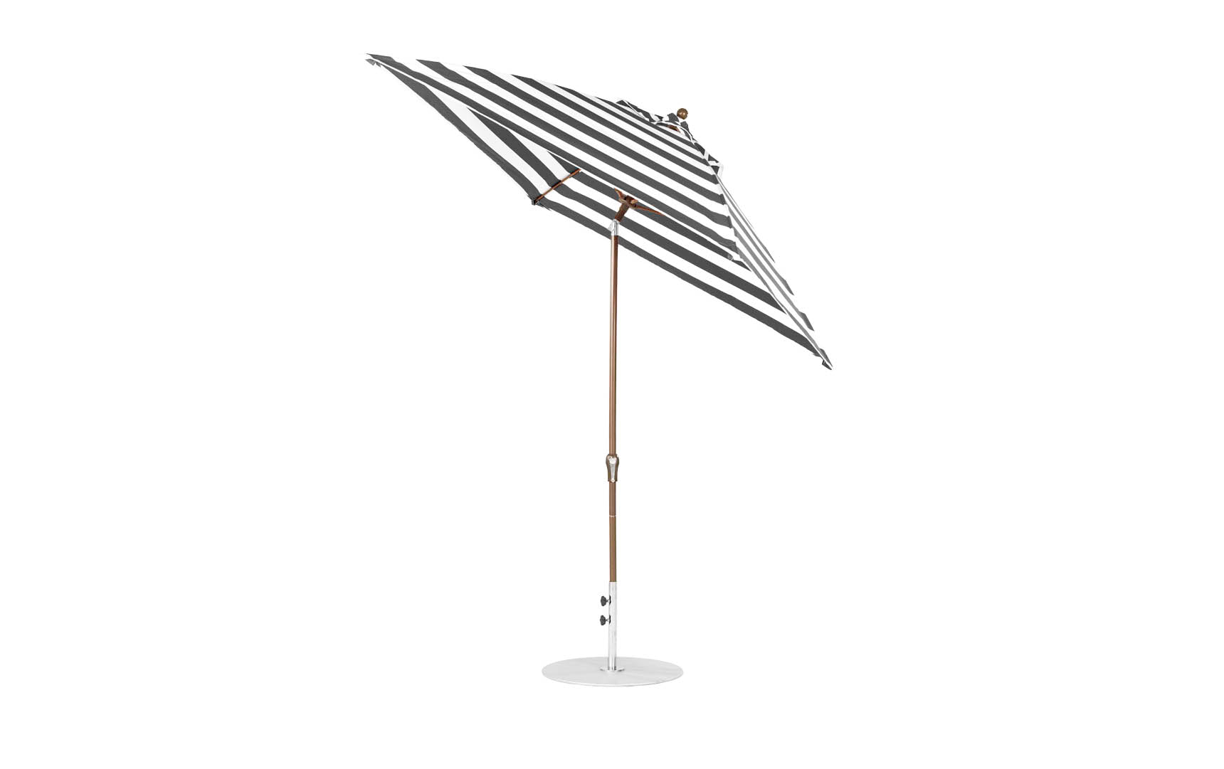 7.5-foot octagonal crank auto tilt essential fiberglass umbrella in white with wooden ribs and silver accents