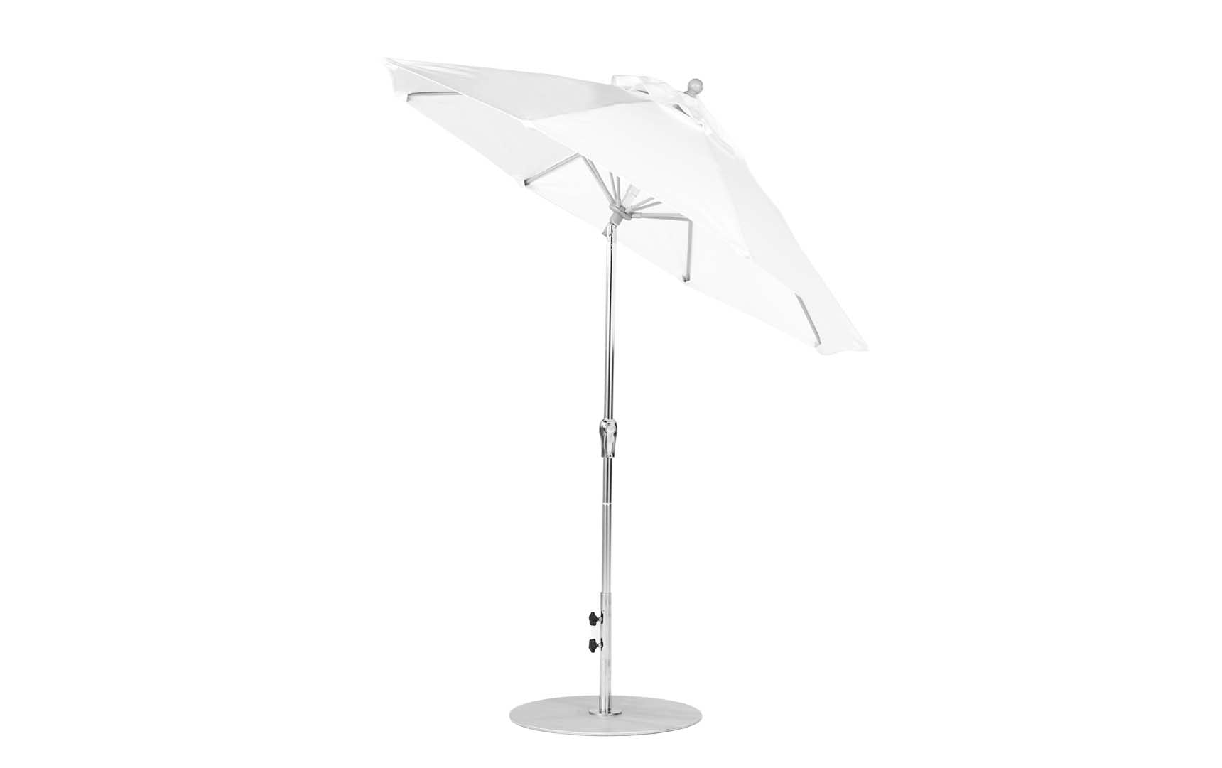 7.5-foot octagonal crank auto tilt essential fiberglass umbrella in white with wooden ribs and silver accents