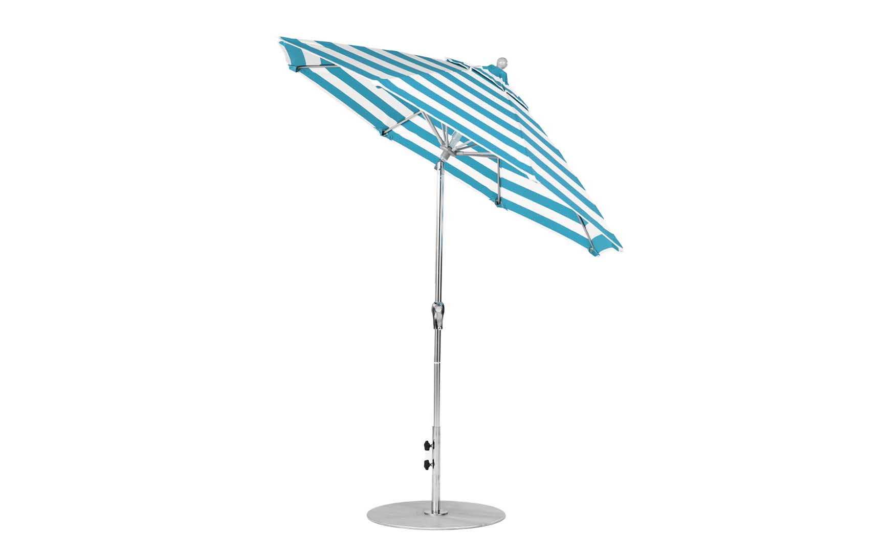 7.5-foot octagonal crank auto tilt essential fiberglass umbrella in white with wooden ribs and silver accents