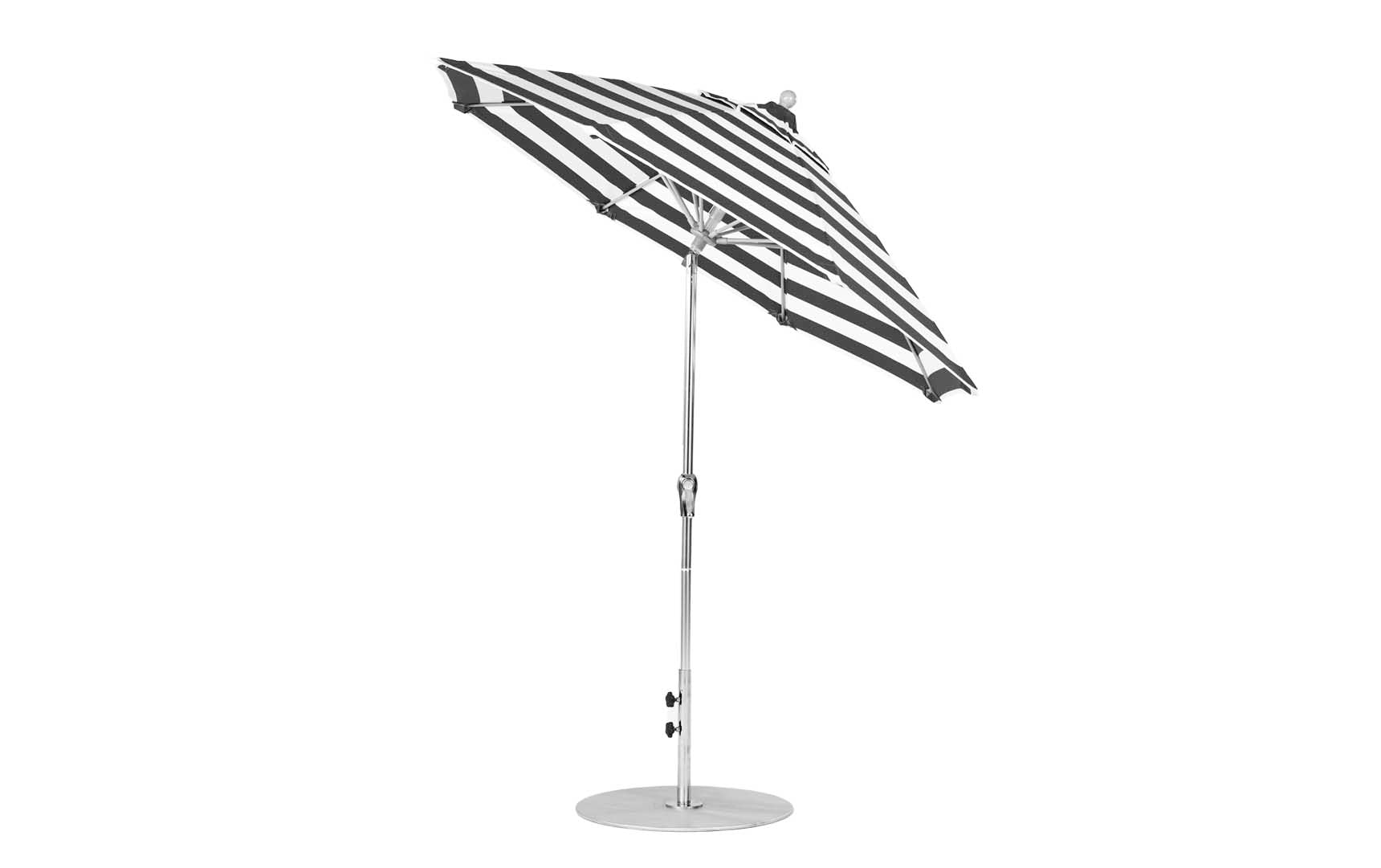 7.5-foot octagonal crank auto tilt essential fiberglass umbrella in white with wooden ribs and silver accents