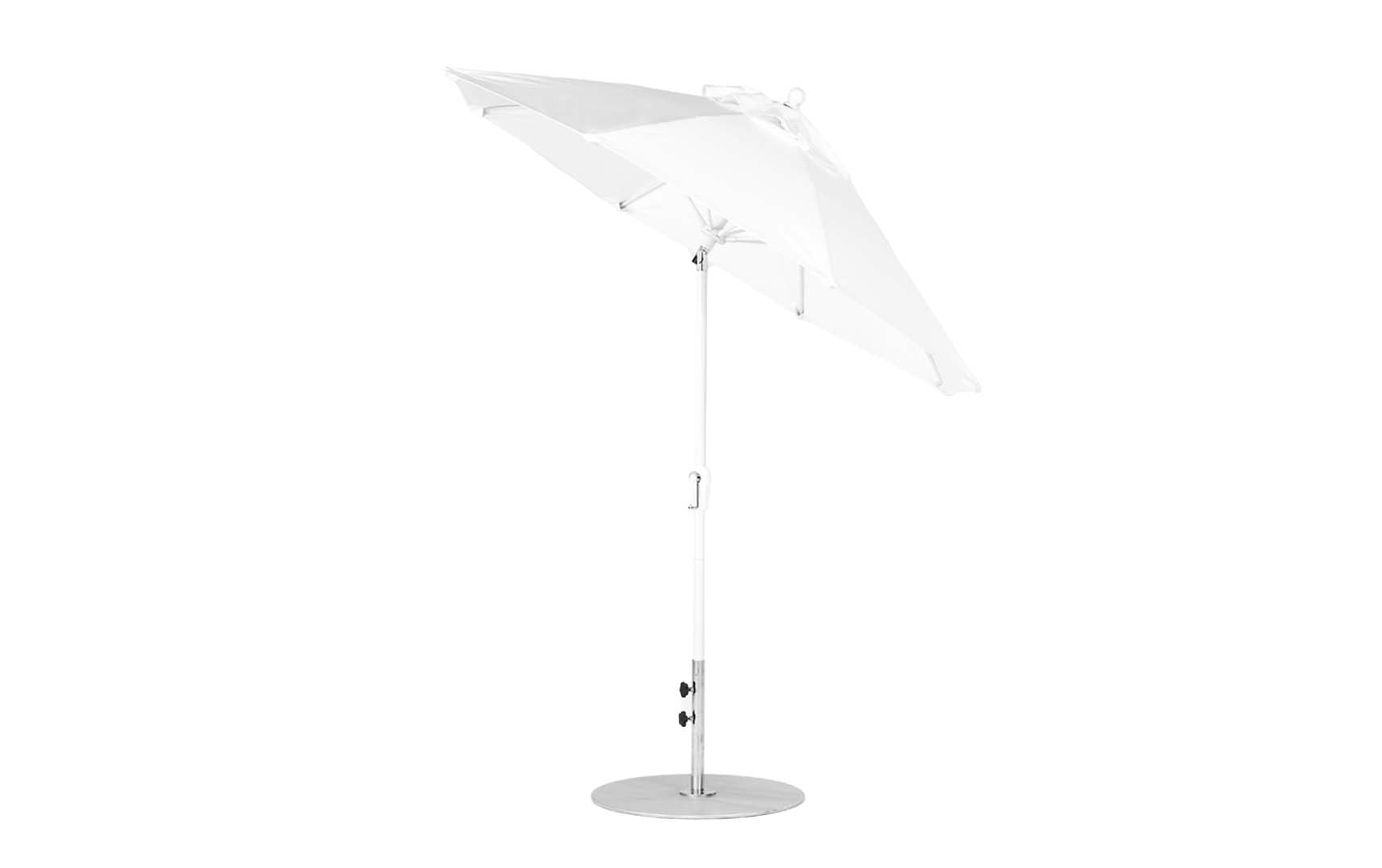 7.5-foot octagonal crank auto tilt essential fiberglass umbrella in white with wooden ribs and silver accents