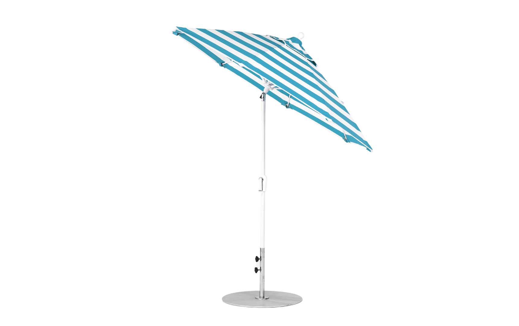 7.5-foot octagonal crank auto tilt essential fiberglass umbrella in white with wooden ribs and black base