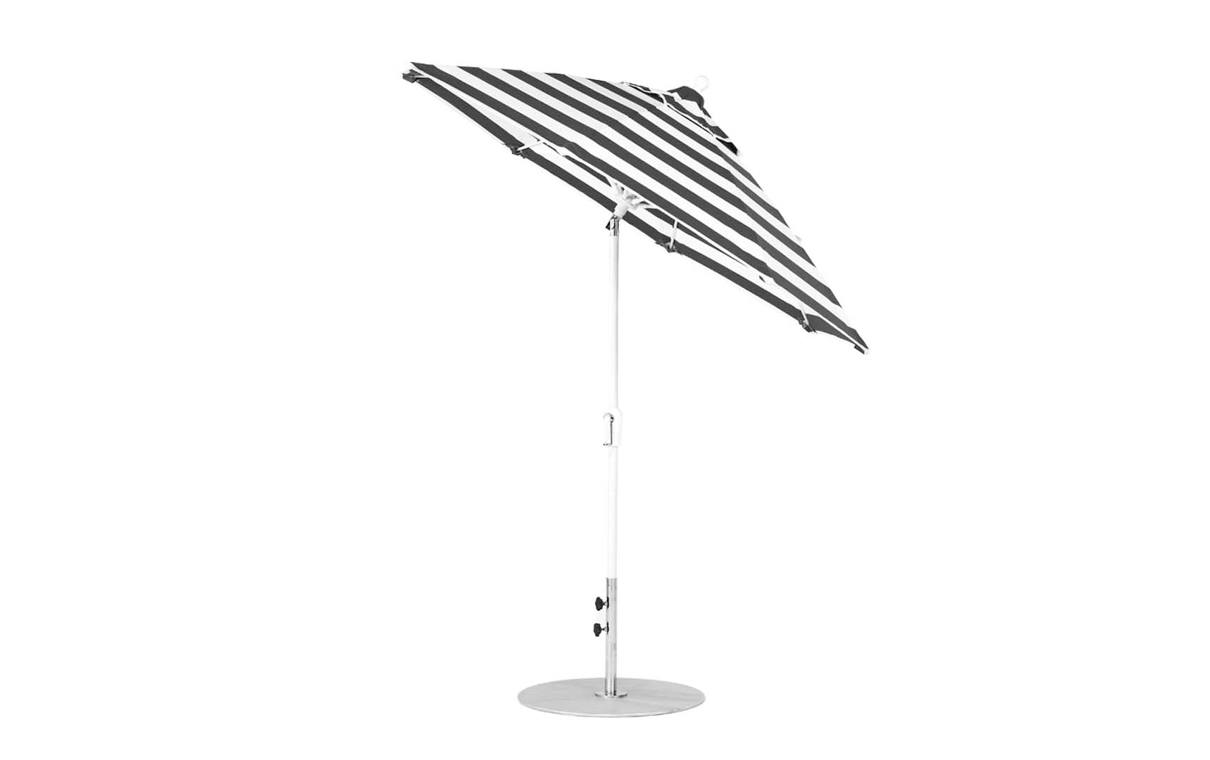 7.5-foot octagonal crank auto tilt essential fiberglass umbrella in white with wooden ribs and black base
