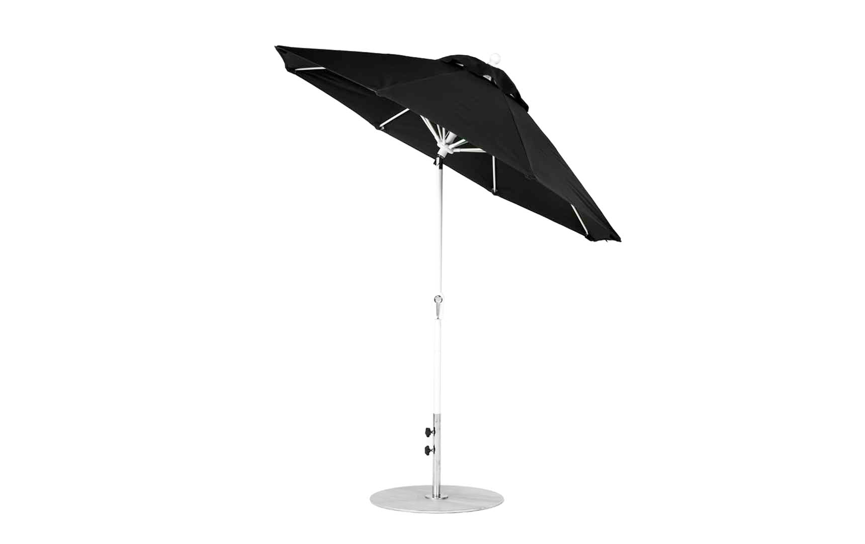 7.5-foot octagonal crank auto tilt essential fiberglass umbrella in white with black ribs and base