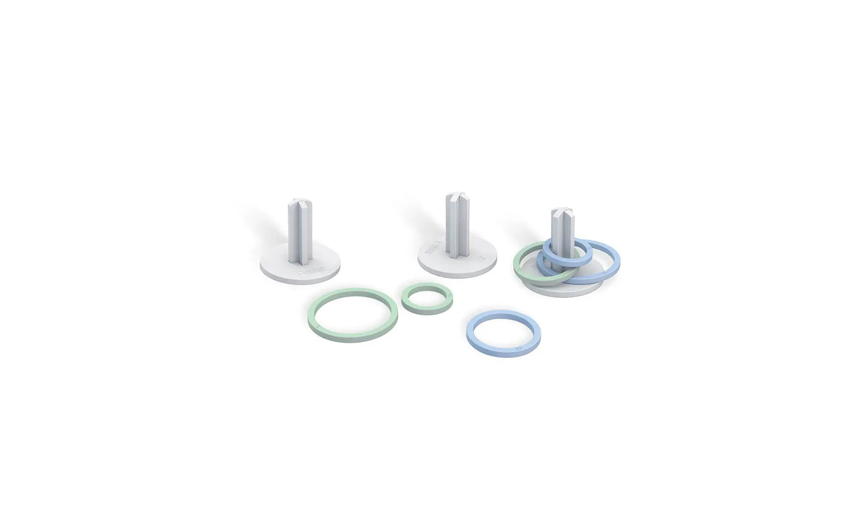 Ring toss game set featuring three metal rings and a wooden stake.