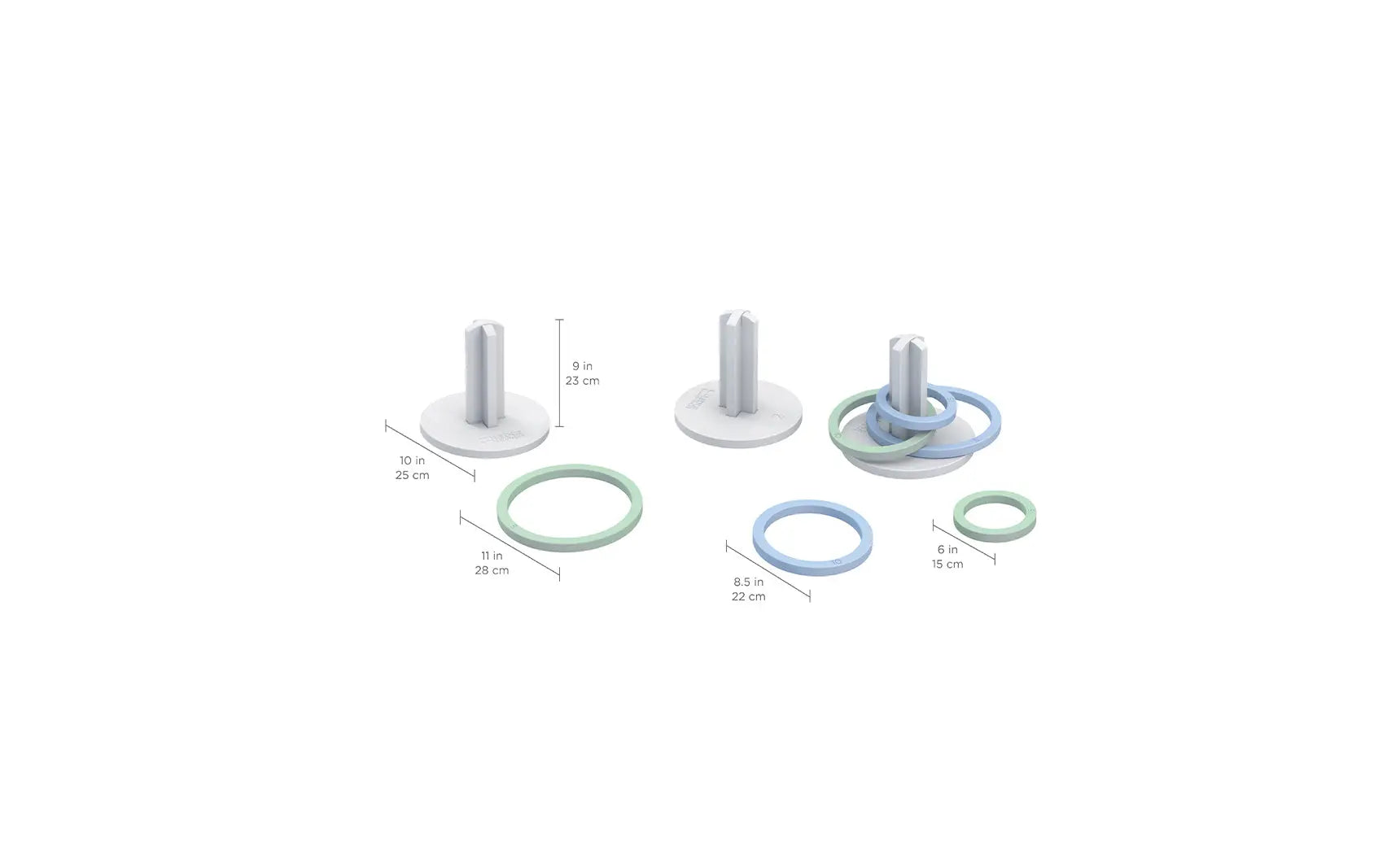 Ring toss game set featuring three metal rings and a wooden stake.
