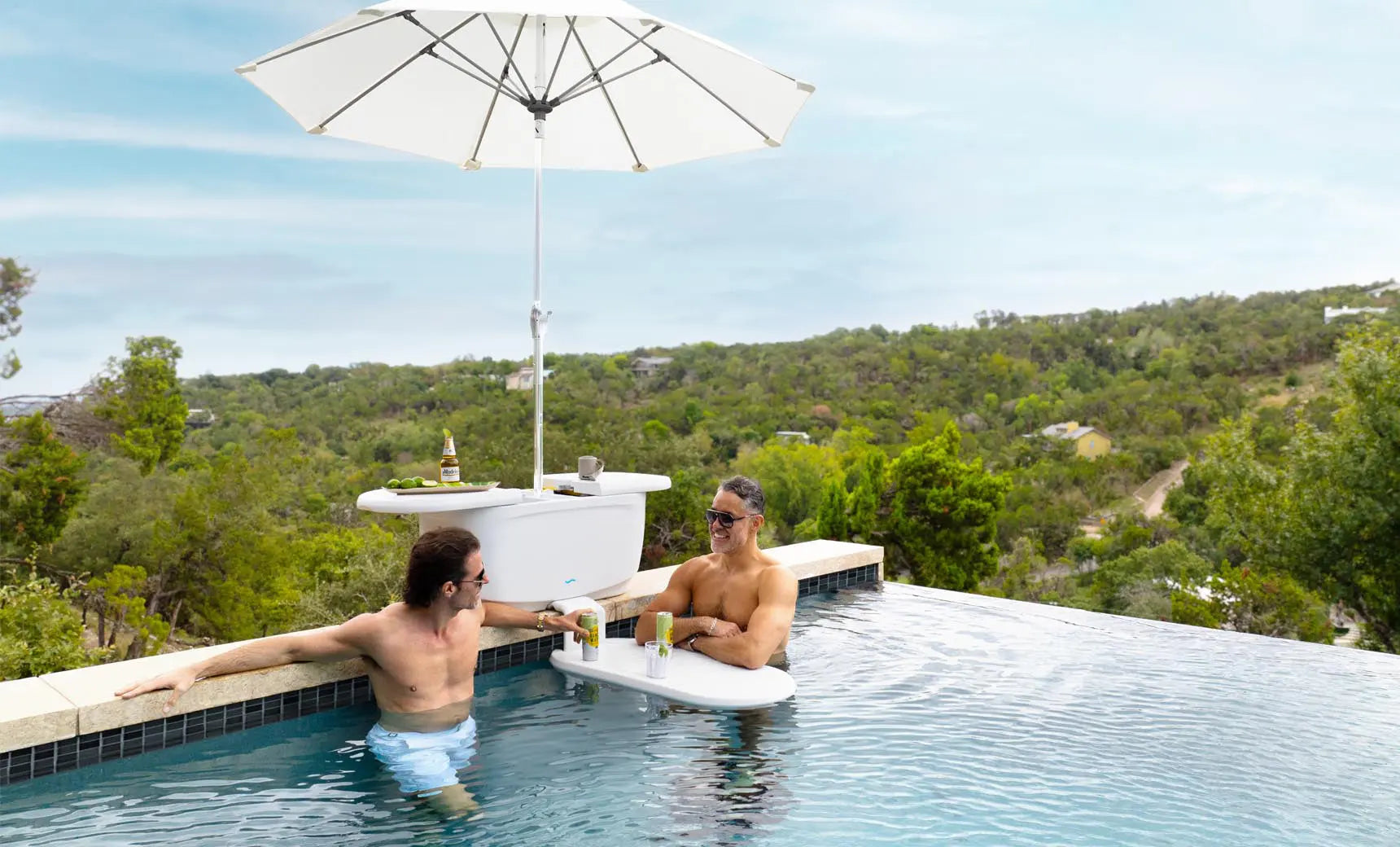 PartyPad Swim-Up Bar with blue inflatable seating and a built-in cooler