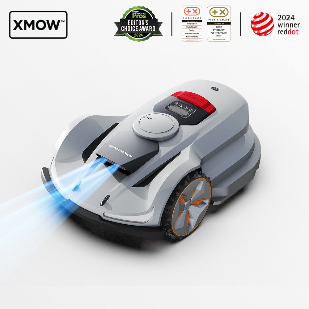 SUNSEEKER Sunsinker X7 Wireless Robot Lawn Mower cutting grass in a large backyard