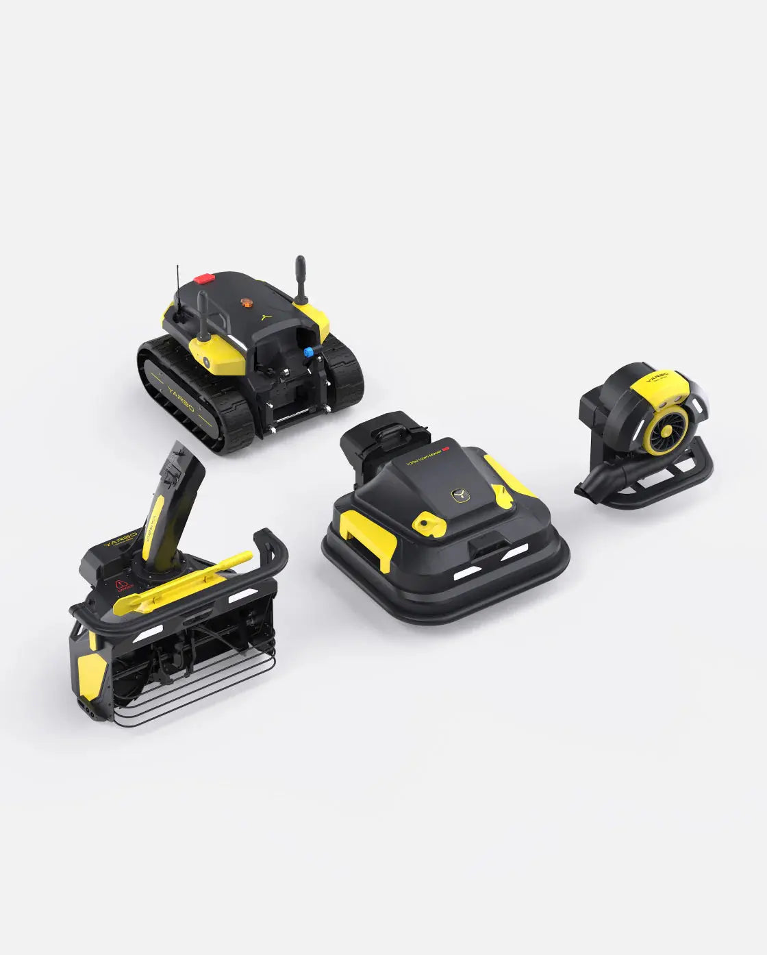 Set of black and yellow robots on a white background