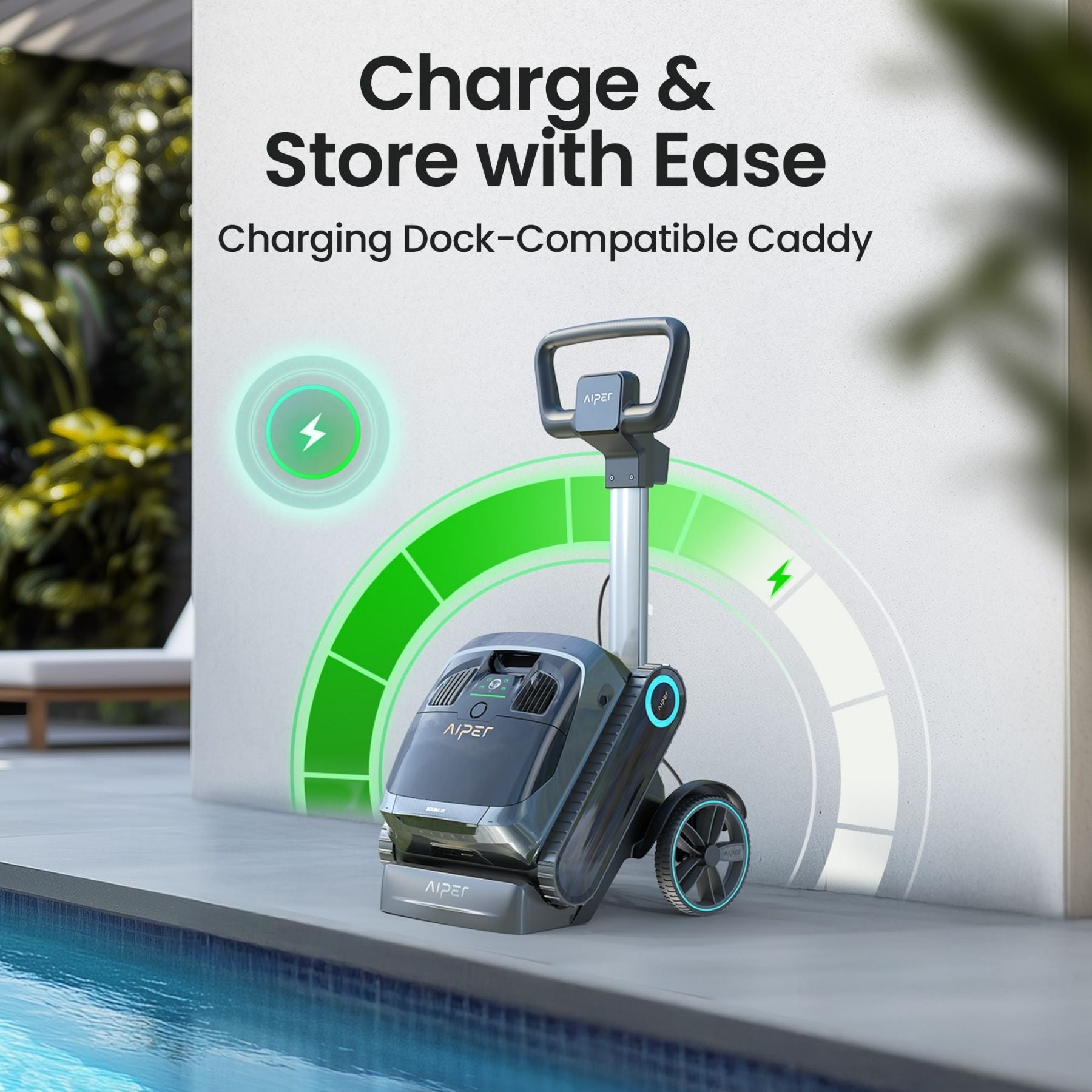 Robotic pool cleaner with charging dock-compatible caddy by a pool