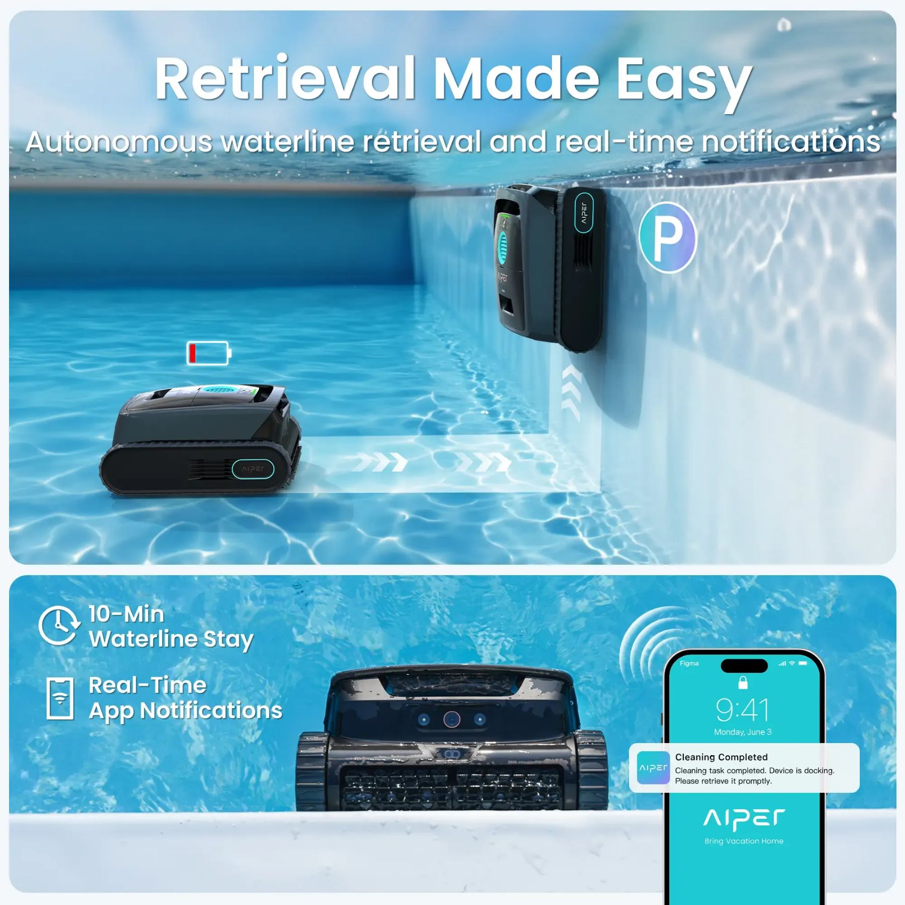 Pool cleaning robot with waterline detection and app notifications in a pool setting.