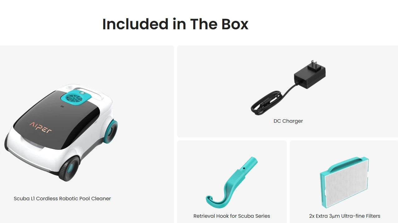 List of included items in a box with a robot pool cleaner, DC charger, retrieval hook, and filters.