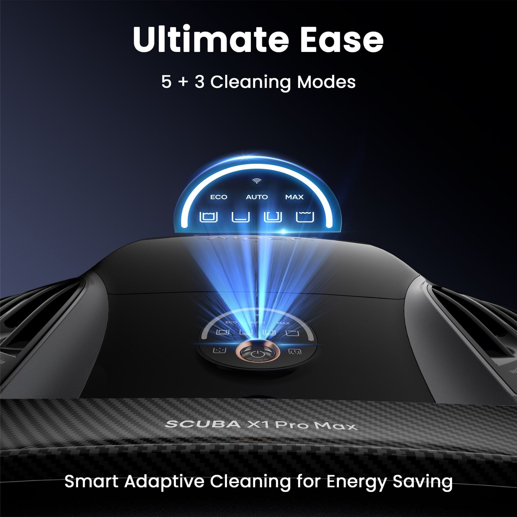 Cleaning device with control panel labeled 'Ultimate Ease' and '5 + 3 Cleaning Modes' on a dark background.