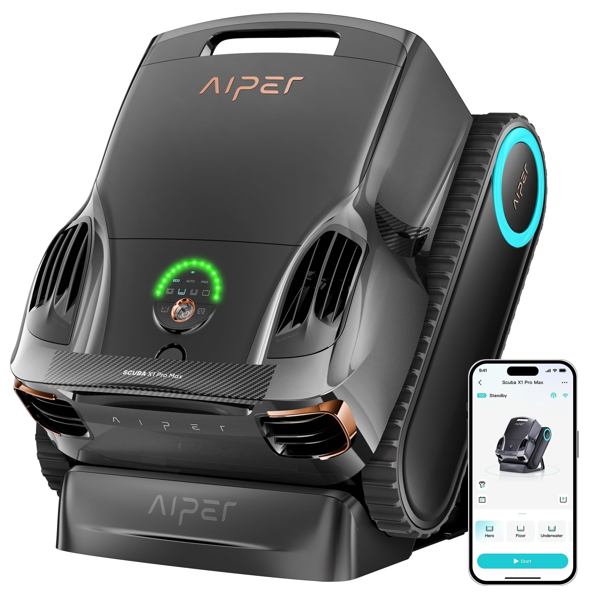 Black Aiper car air cooler with smartphone app interface on a white background