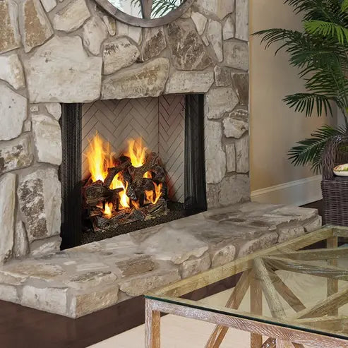 Majestic Ashland 36-inch wood burning fireplace with detailed carvings and glass front