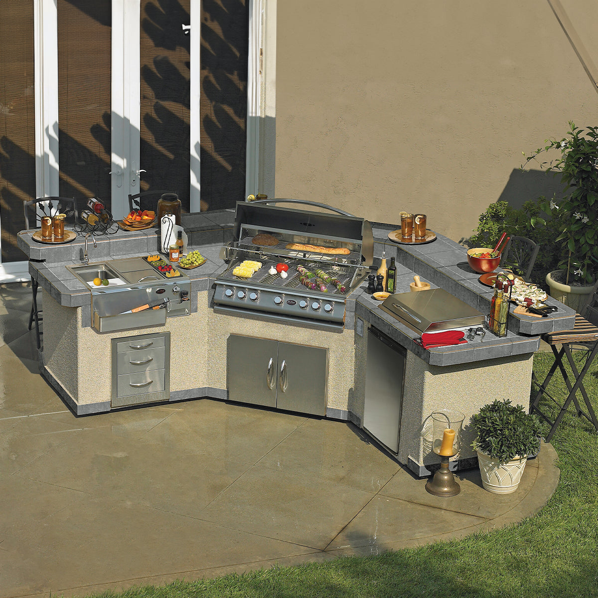 Cal Flame Laguna Q Platinum Series BBQ Island with P4 Grill Bundle | Model: GPV-3100 | AQVINA World - Aqvina LLC