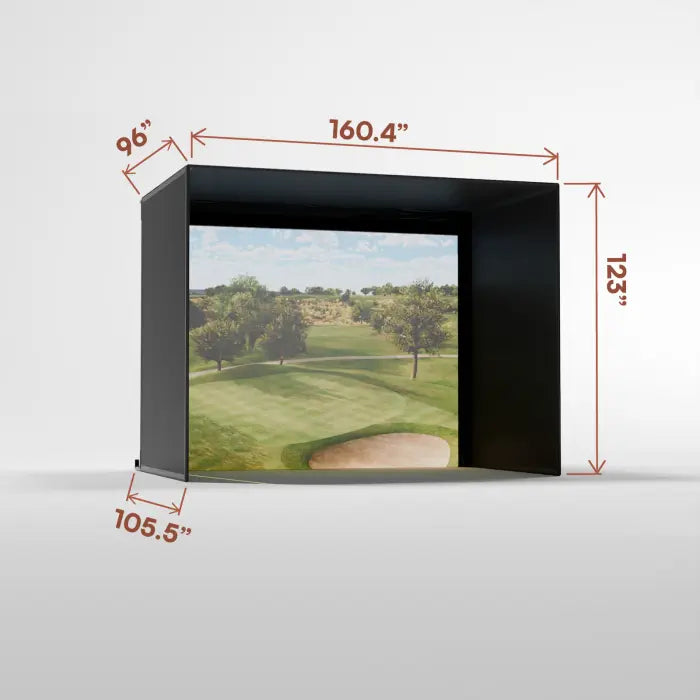 Golf simulator screen with dimensions displayed on a white background