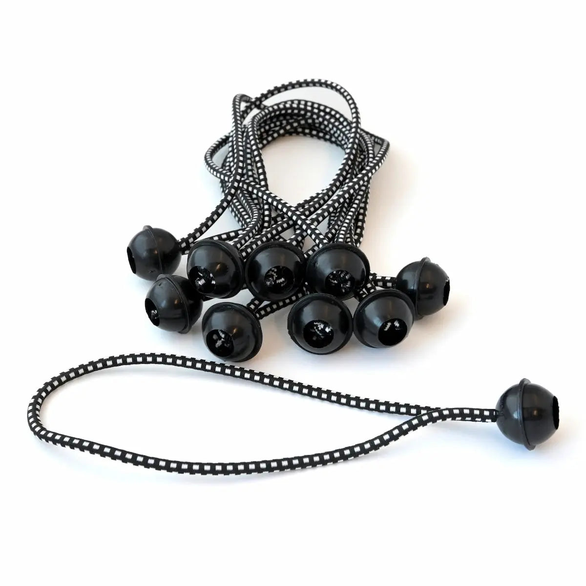 Black ball bungee cord with metal hooks for mounting projection screens to truss systems