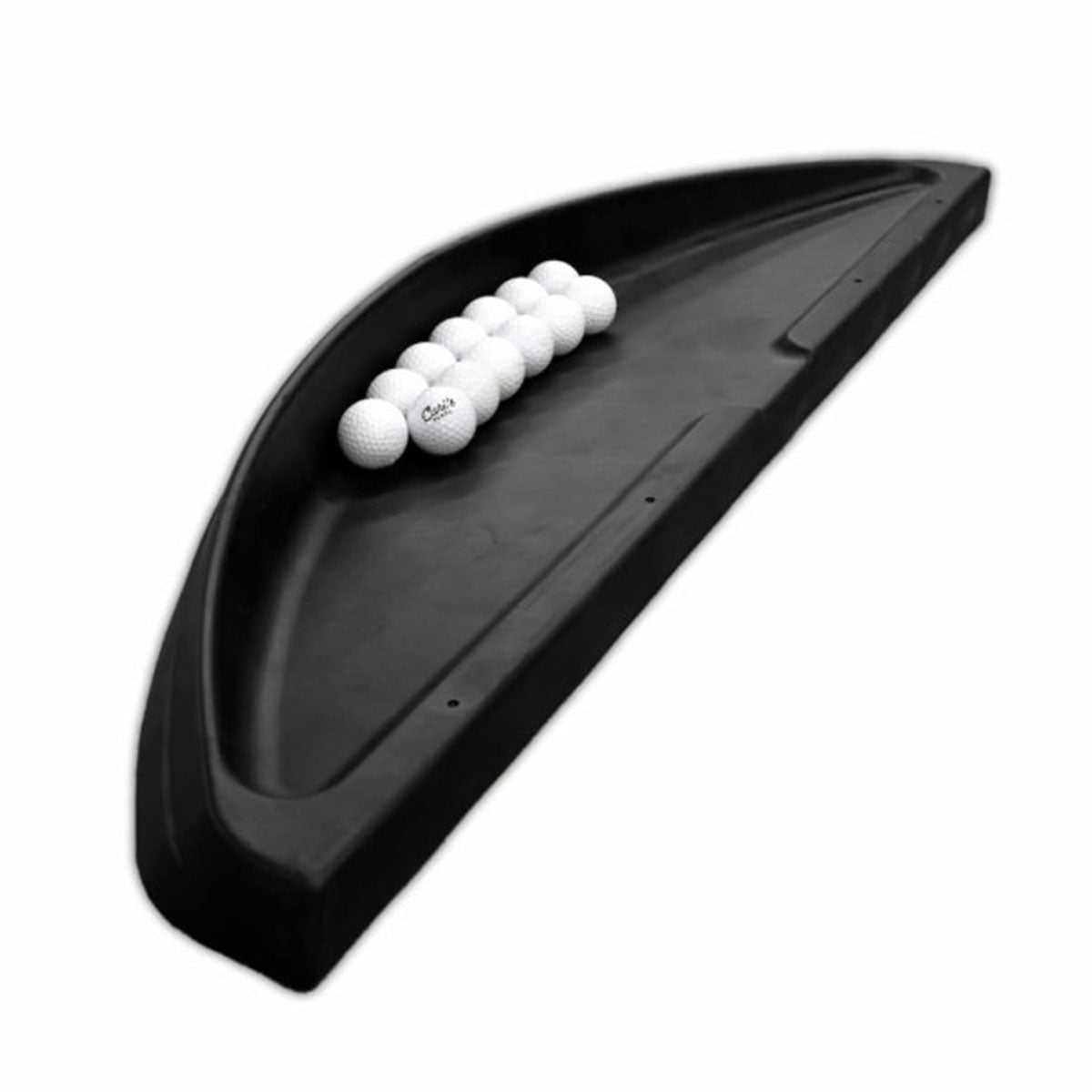 Black heavy-duty rubber golf ball tray filled with white golf balls, sitting next to a hitting mat.