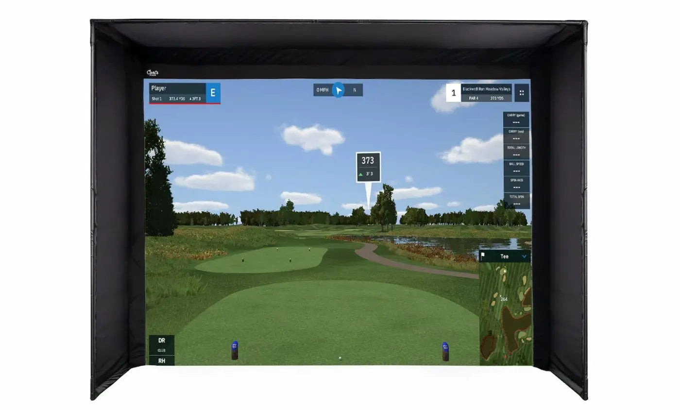 Golf simulator screen displaying a virtual golf course with trees and sky.