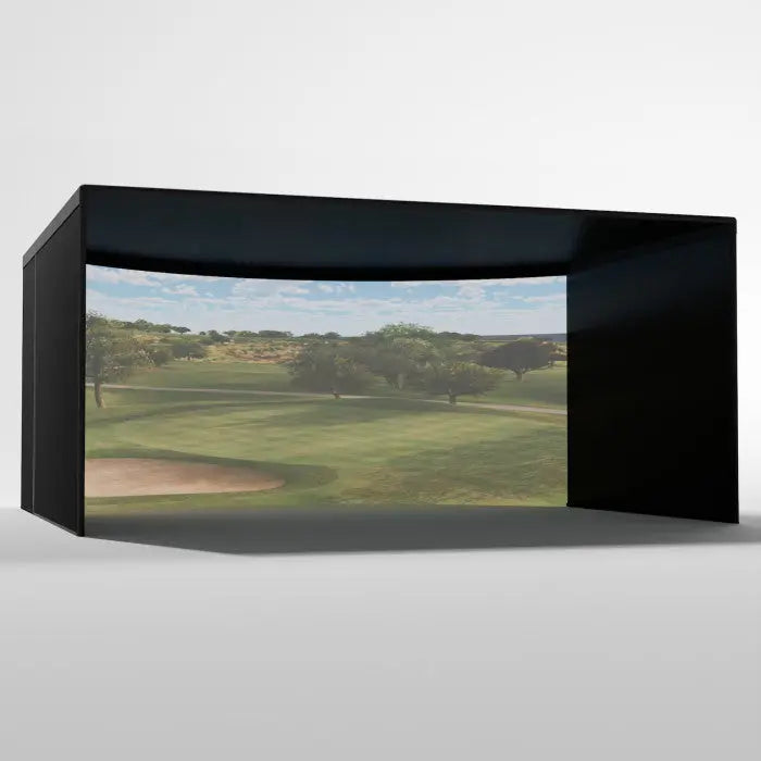 Carl's Place Curved Golf Simulator Enclosure Kit with High-Contrast Gray Golf Impact 9.5'H × 16'W × 15'D | Model: cge-gp-9-5x16x15
