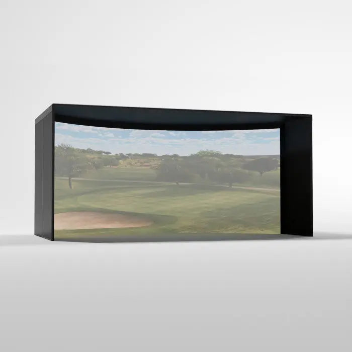 Carl's Place Curved Golf Simulator Enclosure Kit with High-Contrast Gray Golf Impact 9.5'H × 16'W × 8'D | Model: cge-gp-9-5x16x8