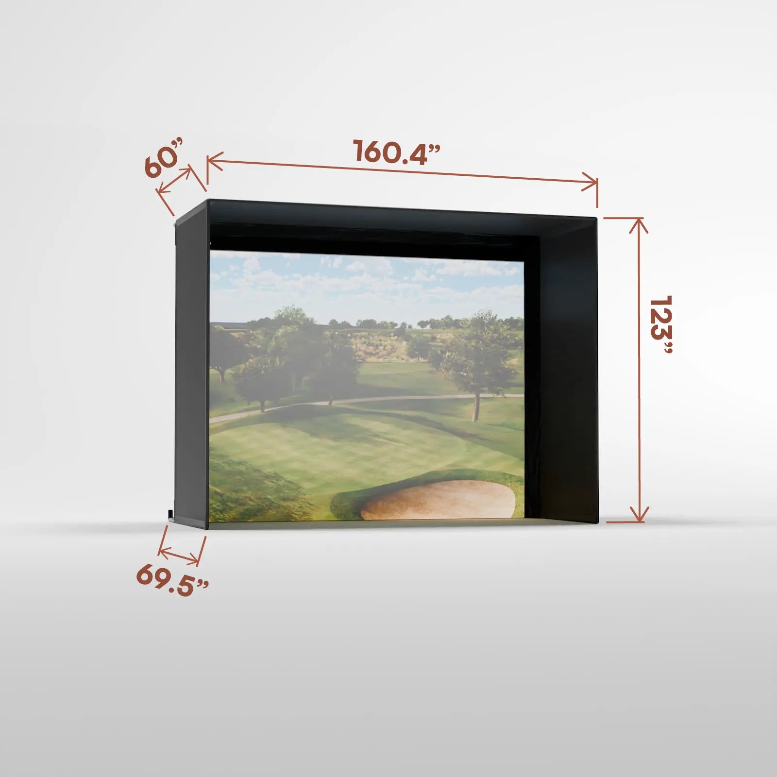 Golf simulator screen with dimensions on a white background