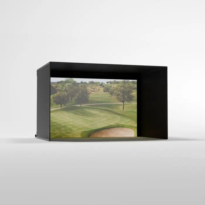 Black framed picture of a golf course on a white background