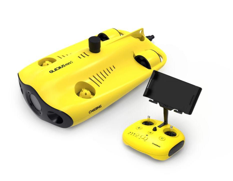 Chasing Gladius Mini S underwater drone submerged in ocean water capturing marine life with 4K camera