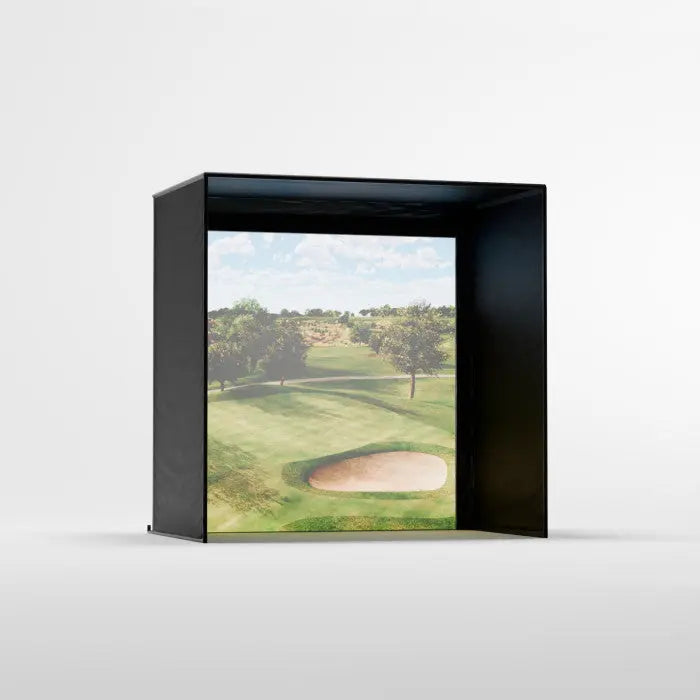 Golf course scene inside a black box on a white background